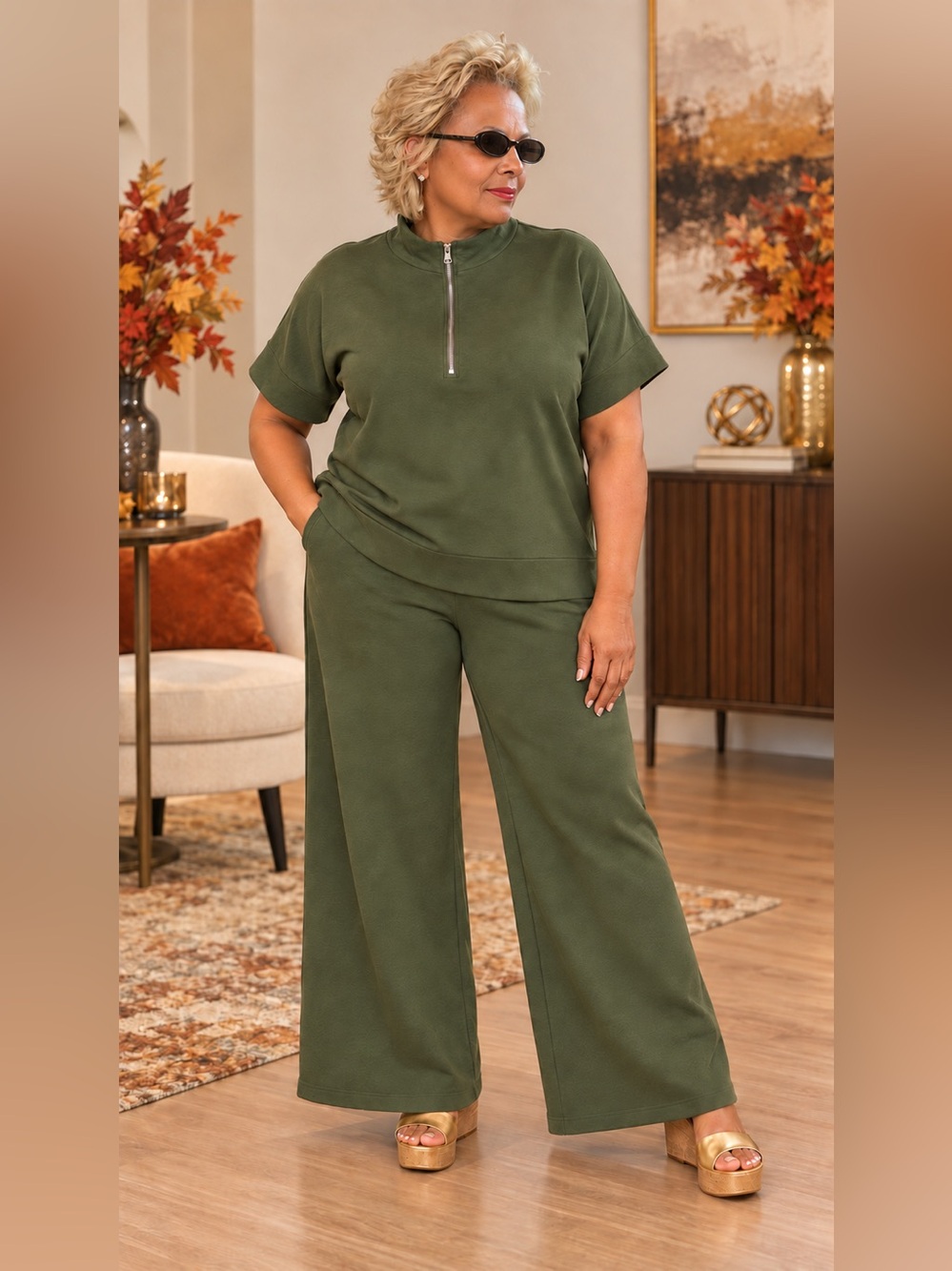 Zenana Outfitters Olive Wide-Leg Lounge Set with Zip Neck